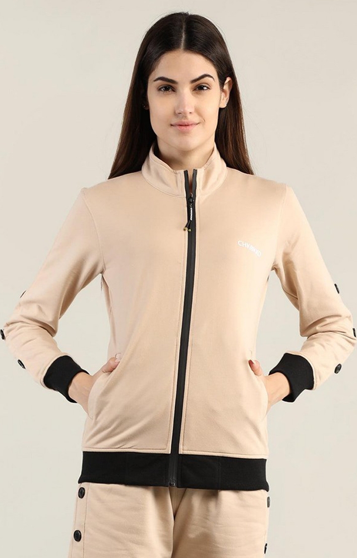 CHKOKKO | Women's Beige Solid Cotton Activewear Jackets