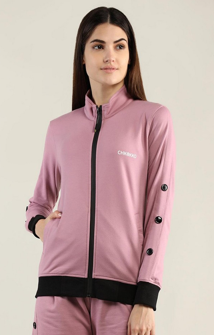 CHKOKKO | Women's Pink Solid Cotton Activewear Jackets