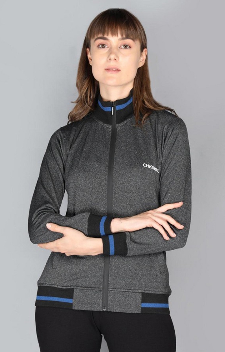 Women's Grey Solid Polyester Activewear Jackets
