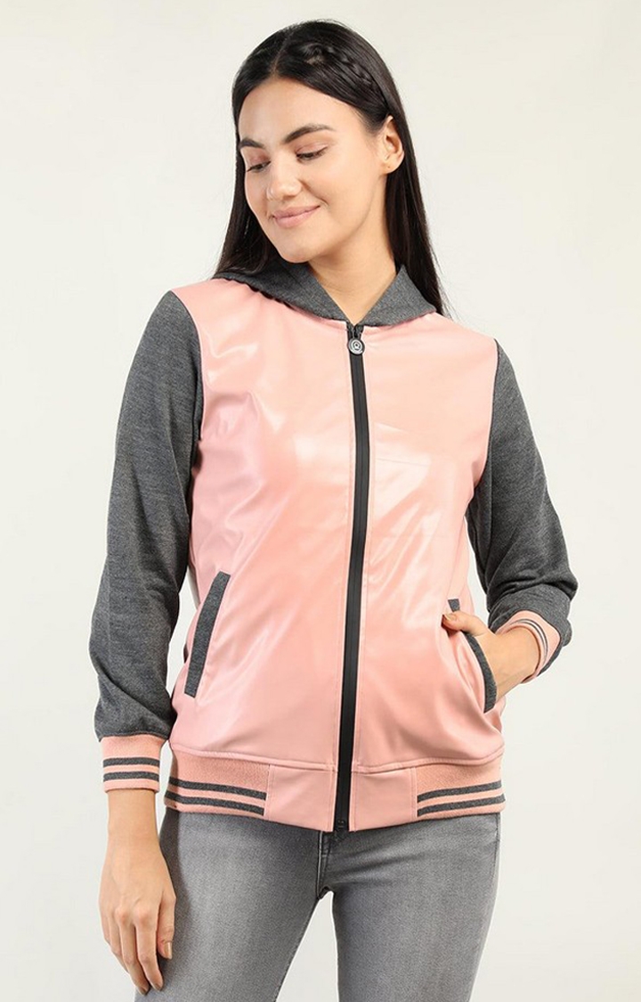 Women's Pink Solid Polyester Hoodie
