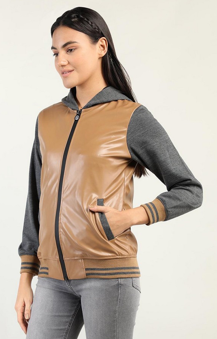 Women's Brown Solid Polyester Hoodie
