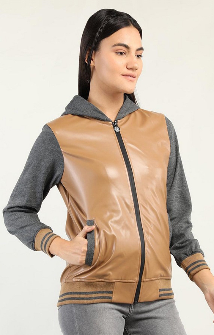 Women's Brown Solid Polyester Hoodie