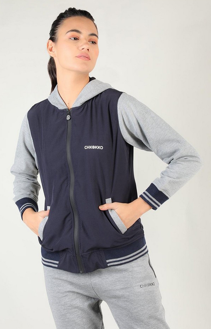 CHKOKKO | Women's Navy Blue Solid Polyester Hoodie