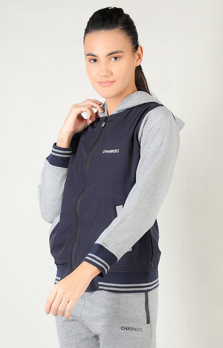 Women's Navy Blue Solid Polyester Hoodie