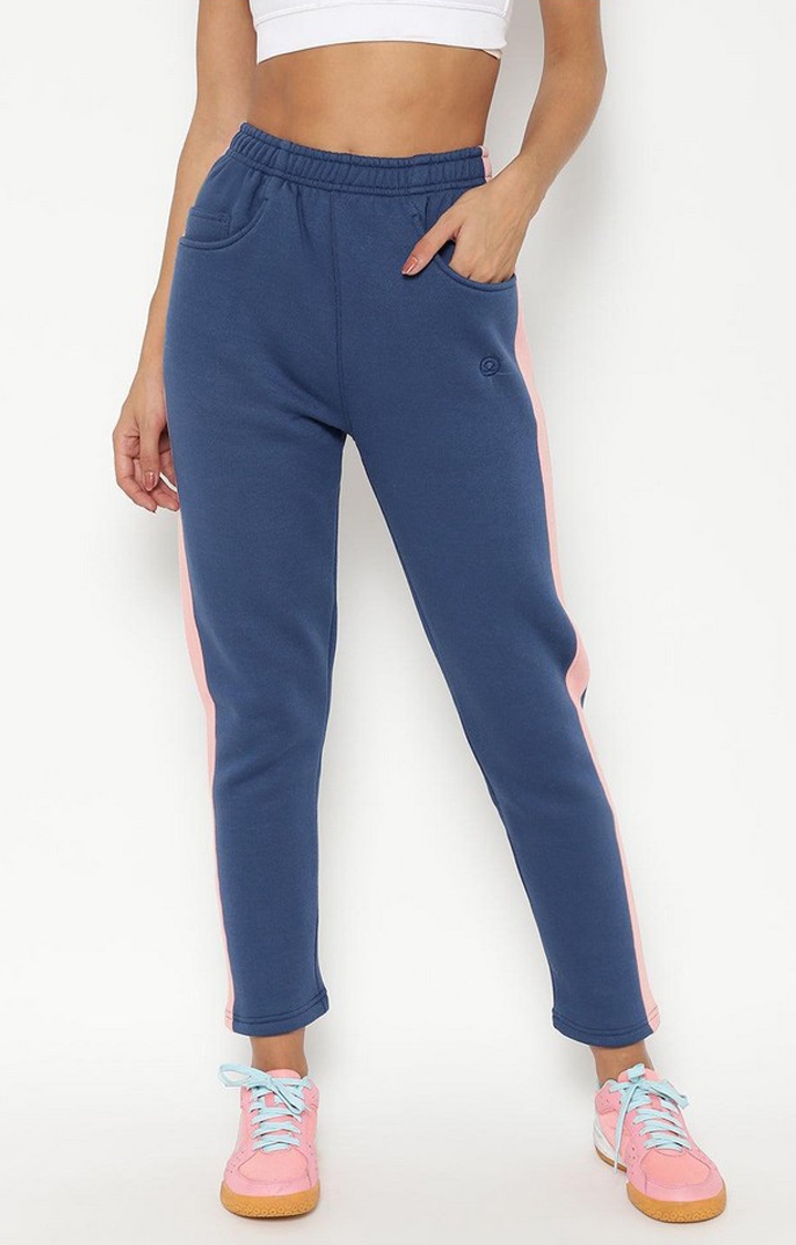 Women's Indigo & Pink Solid Cotton Trackpant