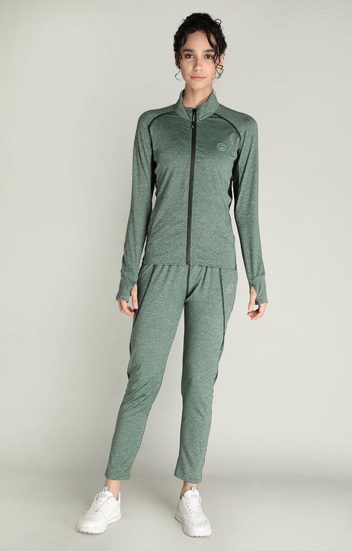 Women's Green Melange Textured Polyester Trackpant