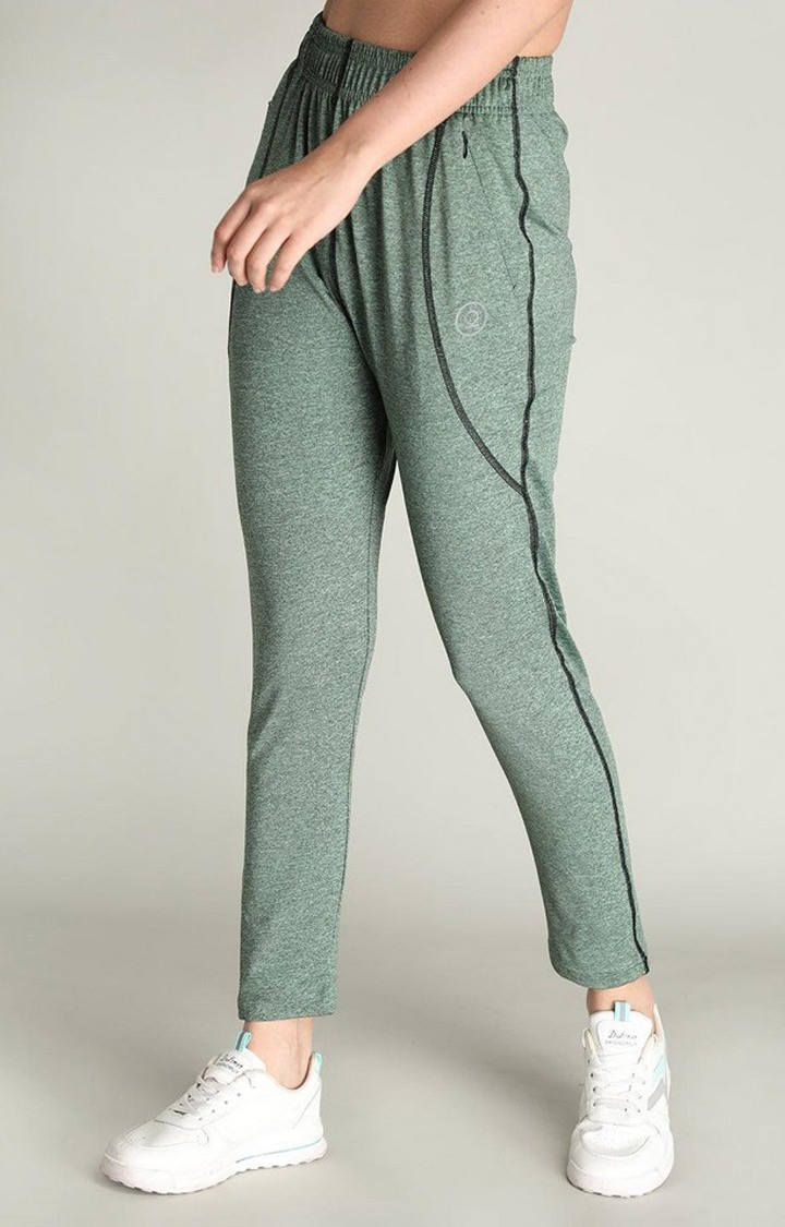 Women's Green Melange Textured Polyester Trackpant