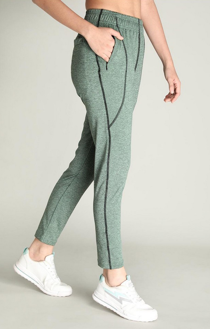 Women's Green Melange Textured Polyester Trackpant
