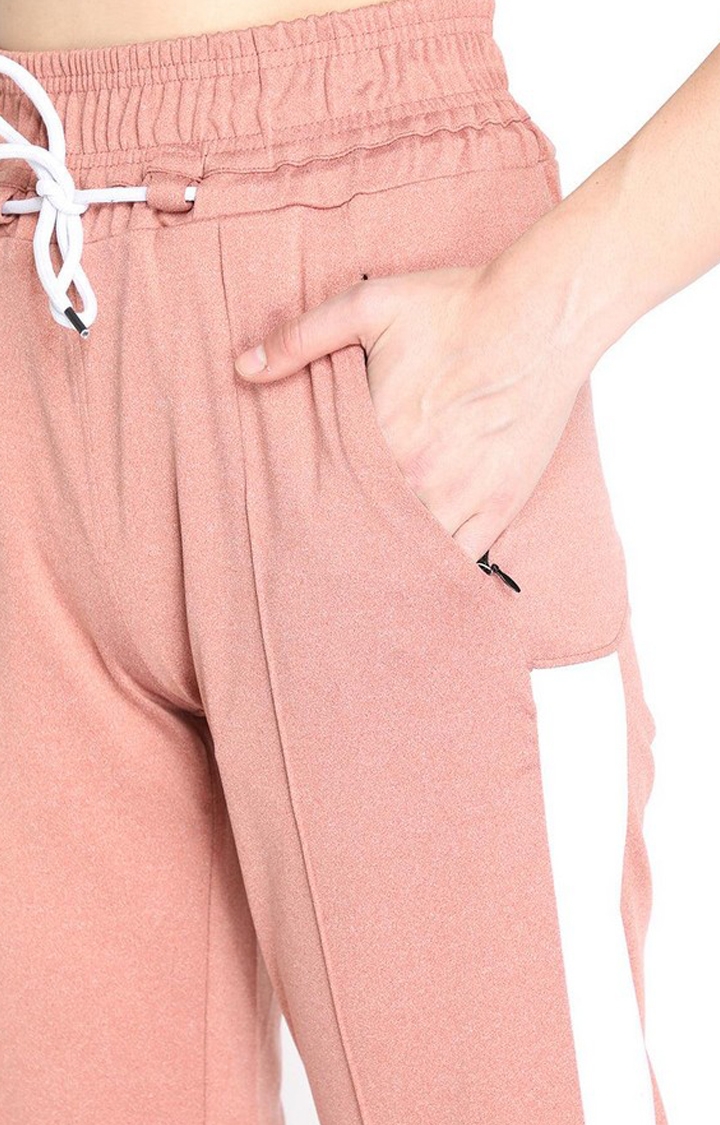 Women's Peach & White Solid Polyester Trackpant