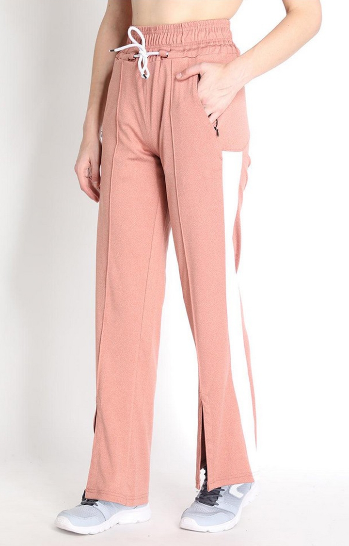 Women's Peach & White Solid Polyester Trackpant