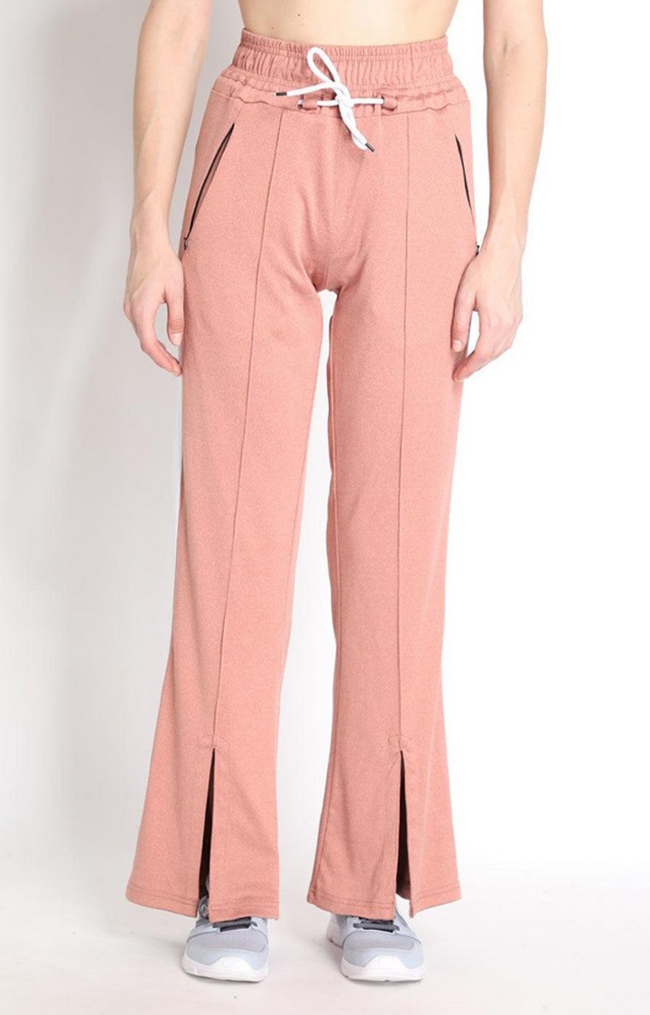 CHKOKKO | Women's Peach & White Solid Polyester Trackpant