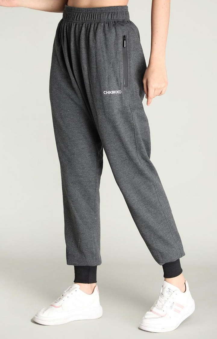 Women's Dark Grey Melange Textured Polyester Activewear Jogger