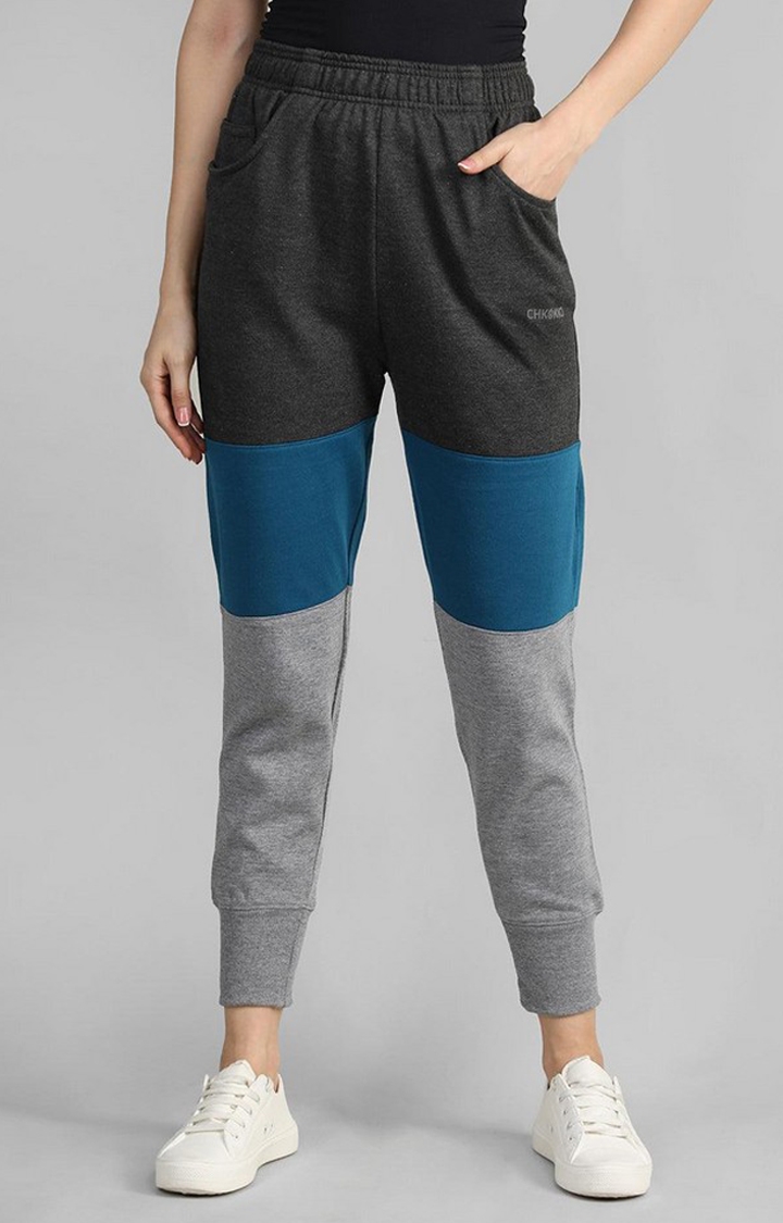 CHKOKKO | Women's Grey & Blue Colourblocked Polyester Activewear Jogger