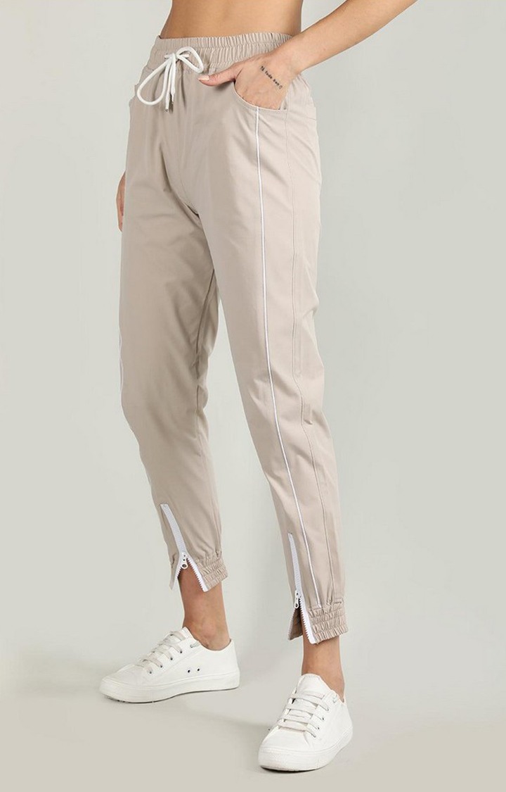 Women's Beige Solid Nylon Activewear Jogger