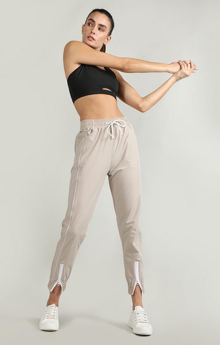Women's Beige Solid Nylon Activewear Jogger