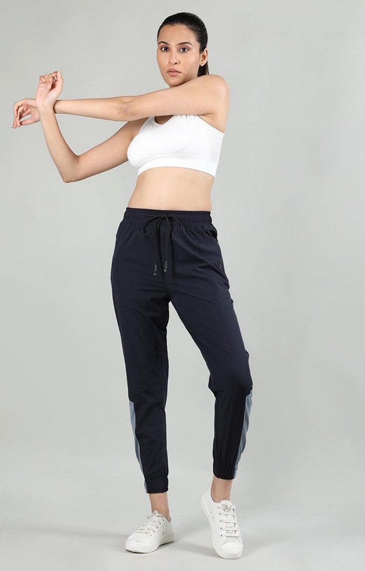 Women's Navy Blue Solid Nylon Activewear Jogger - CHKOKKO