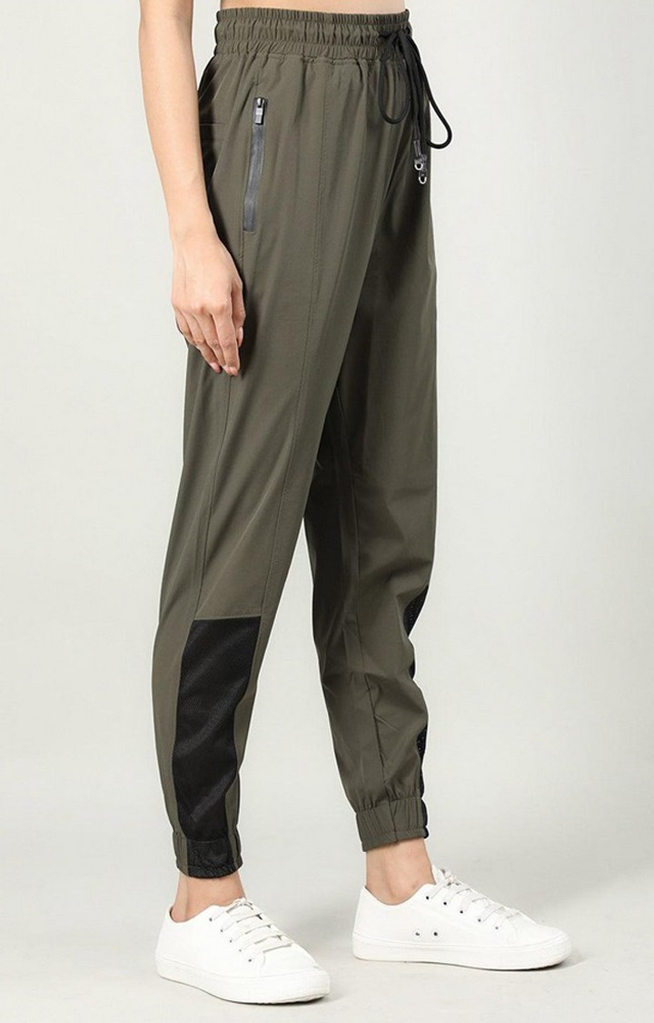 Women's Olive Green Solid Nylon Activewear Jogger