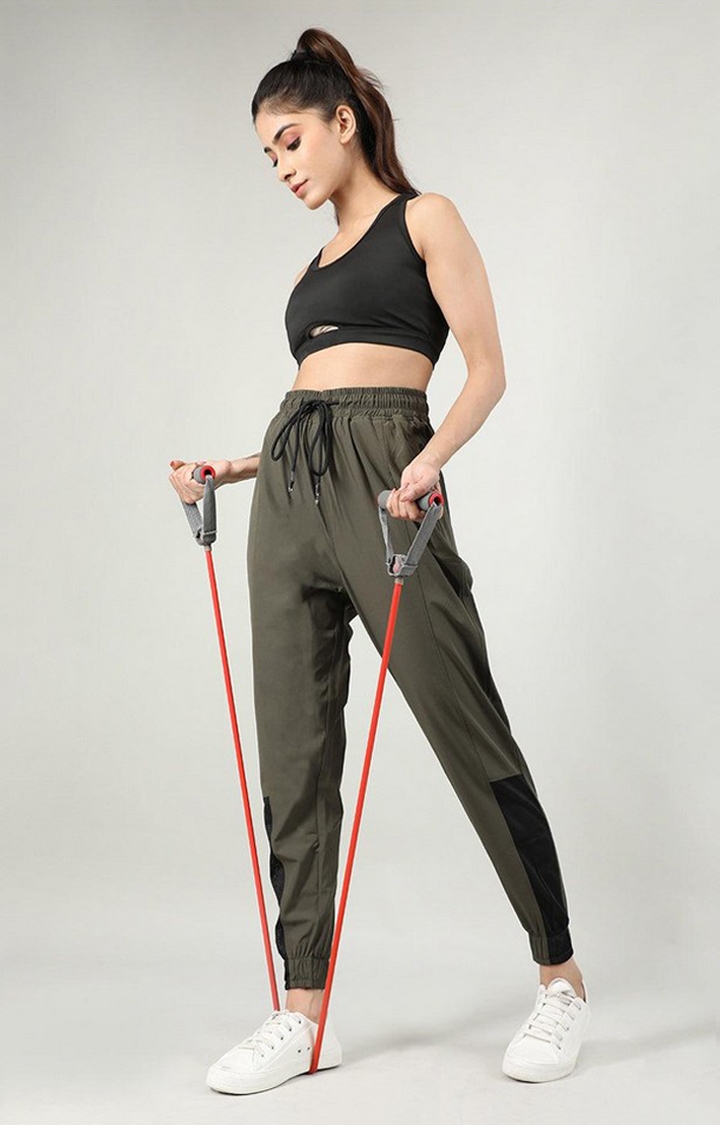Women's Olive Green Solid Nylon Activewear Jogger