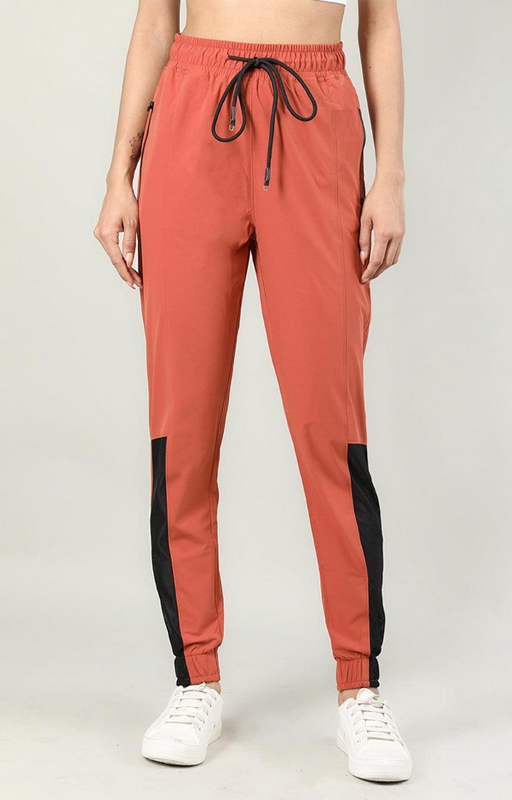 CHKOKKO | Women's Rust Orange Solid Nylon Activewear Jogger