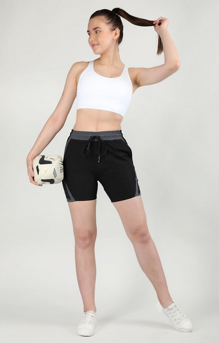 Women's Black Solid Nylon Activewear Shorts