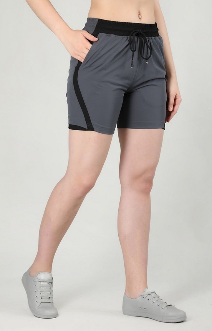 Women's Dark Grey Solid Nylon Activewear Shorts