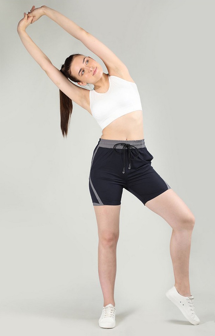Women's Navy Blue Solid Nylon Activewear Shorts