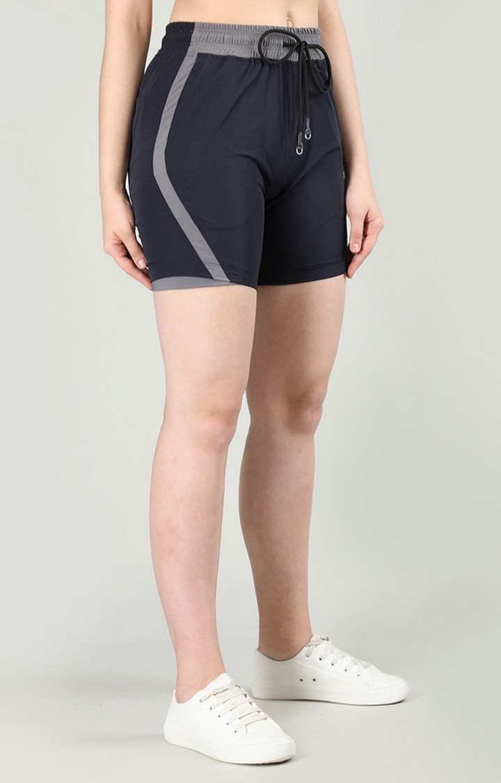 Women's Navy Blue Solid Nylon Activewear Shorts