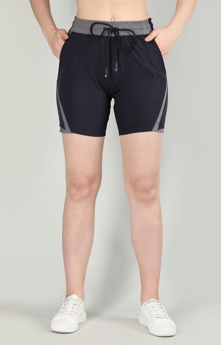 Women's Navy Blue Solid Nylon Activewear Shorts