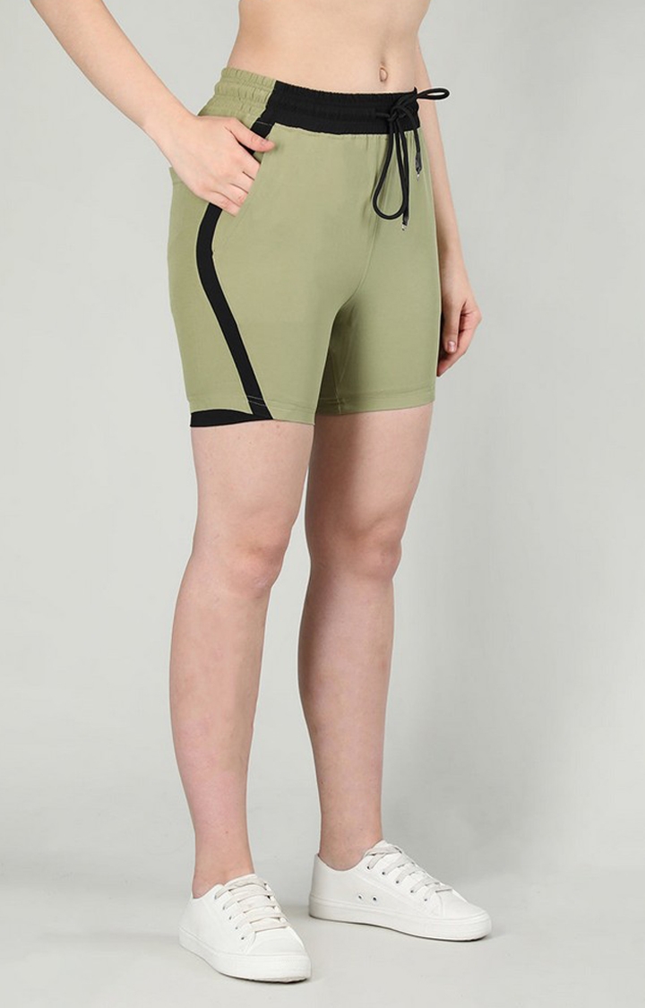 Women's Pista Green Solid Nylon Activewear Shorts