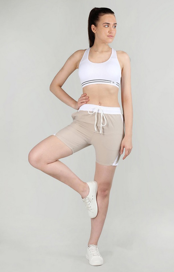Women's Beige Solid Nylon Activewear Shorts