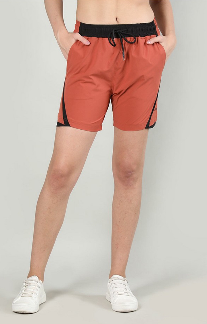CHKOKKO | Women's Rust Orange Solid Nylon Activewear Shorts