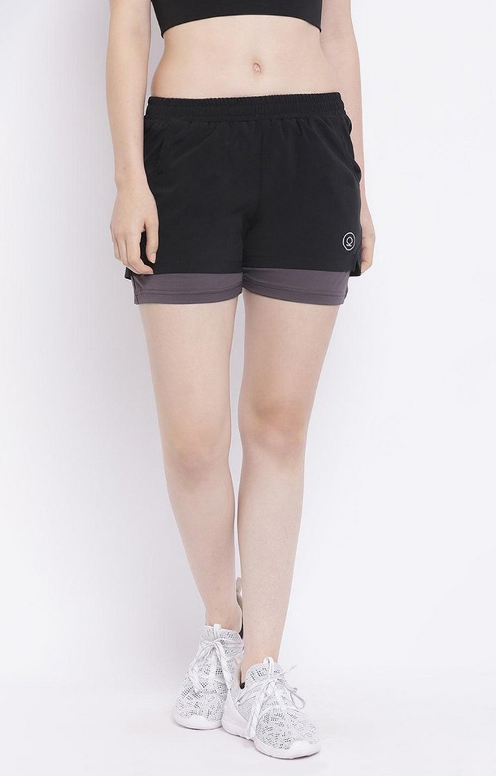 Women's Black & Dark Grey Solid Polyester Activewear Shorts