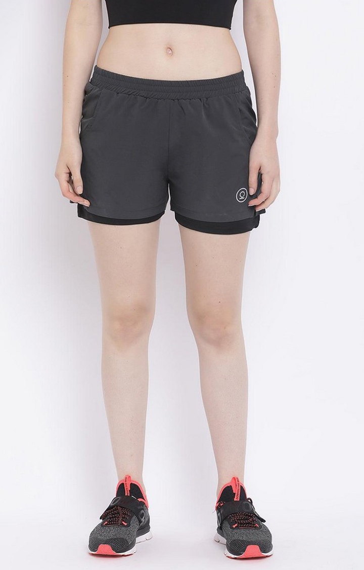 Women's Dark Grey & Black Solid Polyester Activewear Shorts