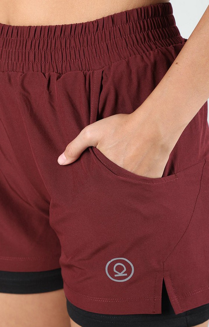 Women's Maroon & Black Solid Polyester Activewear Shorts