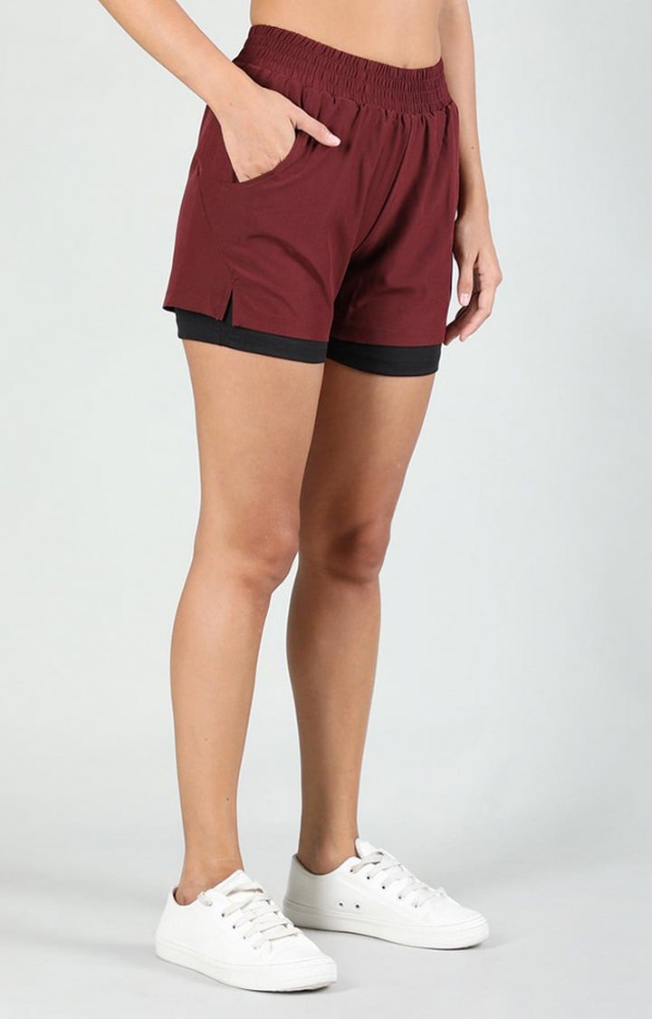 Women's Maroon & Black Solid Polyester Activewear Shorts