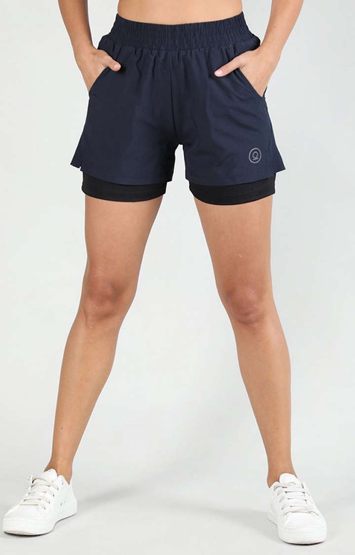 Women's Navy Blue & Black Solid Polyester Activewear Shorts