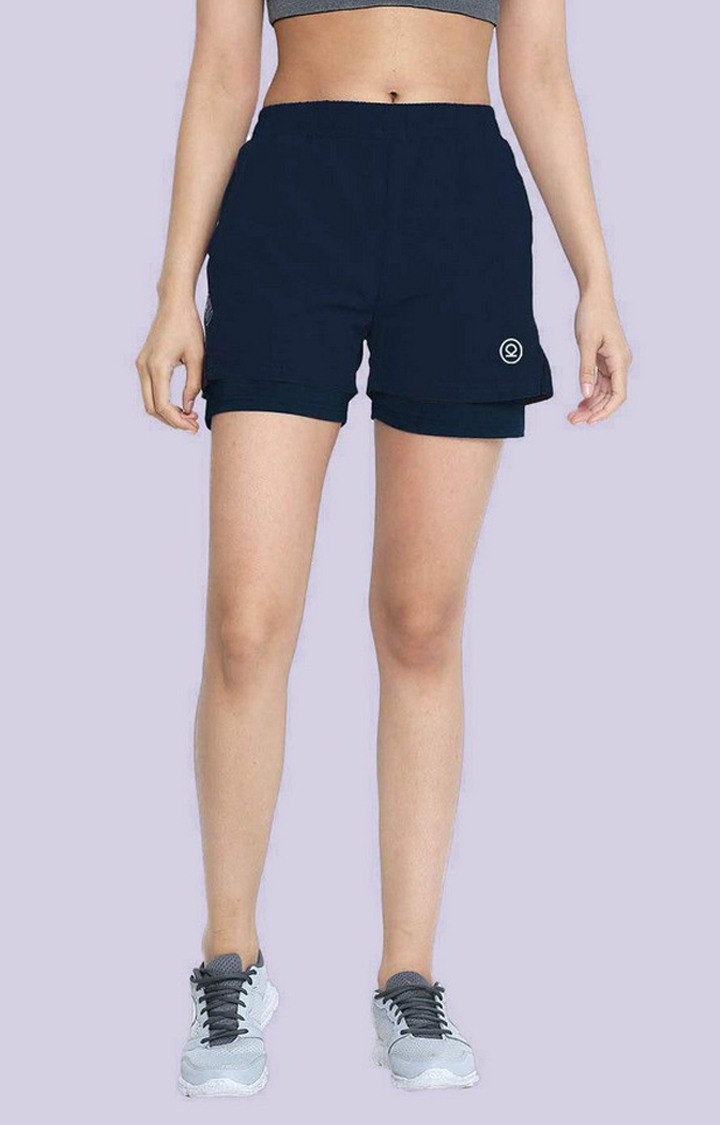 Women's Navy Blue Solid Polyester Activewear Shorts