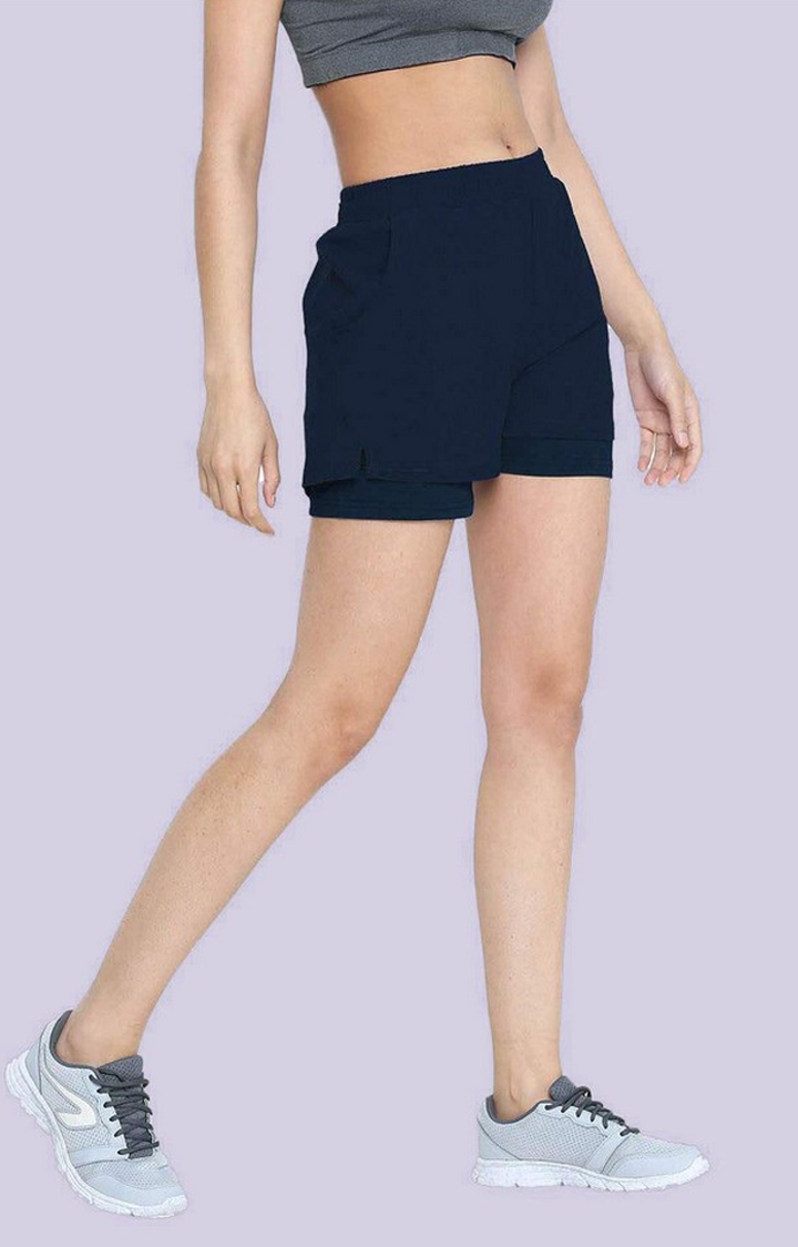 Women's Navy Blue Solid Polyester Activewear Shorts