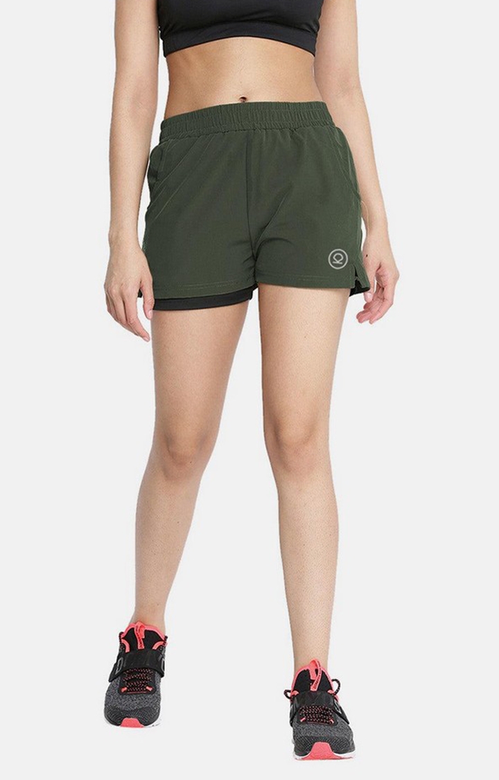Women's Olive Green & Black Solid Polyester Activewear Shorts