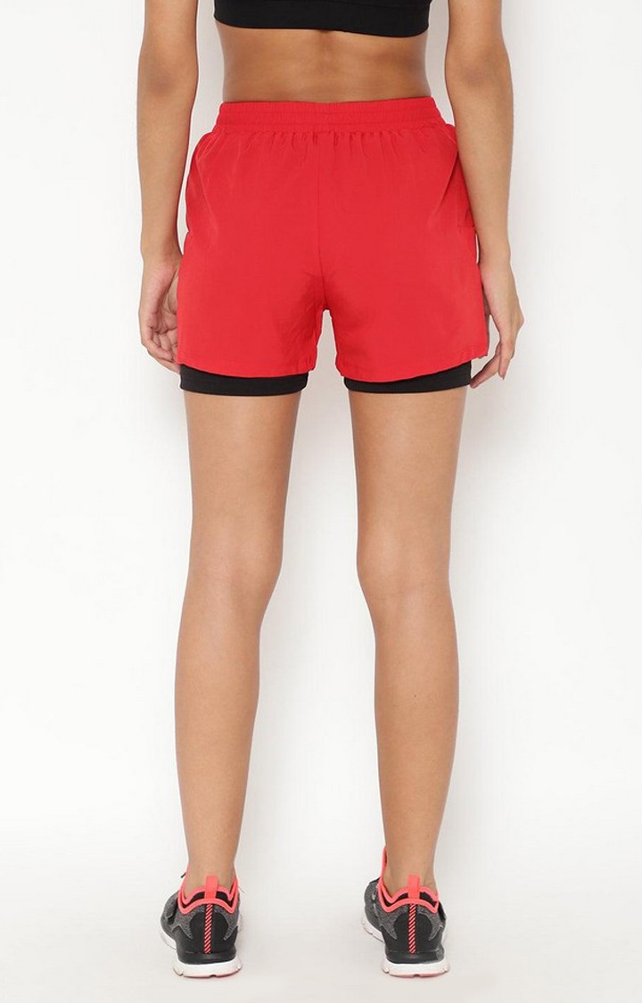 Women's Red & Black Solid Polyester Activewear Shorts