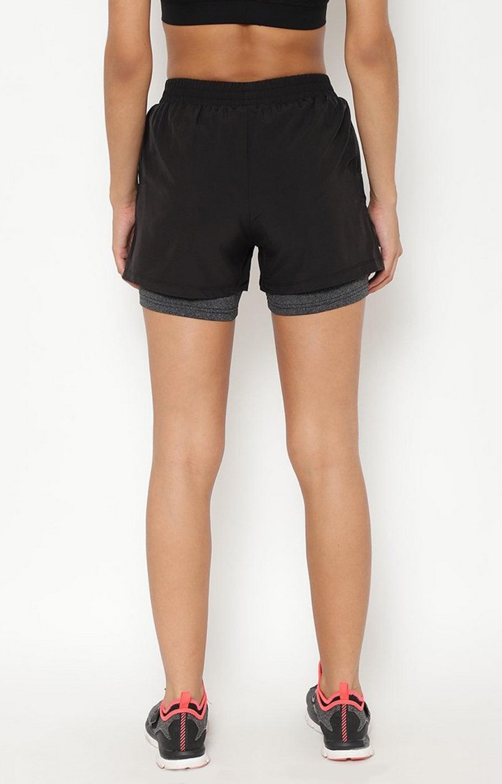 Women's Black & Dark Grey Solid Polyester Activewear Shorts