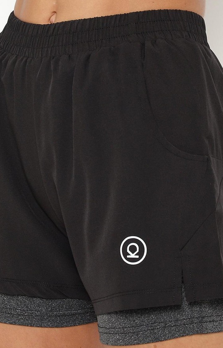 Women's Black & Dark Grey Solid Polyester Activewear Shorts