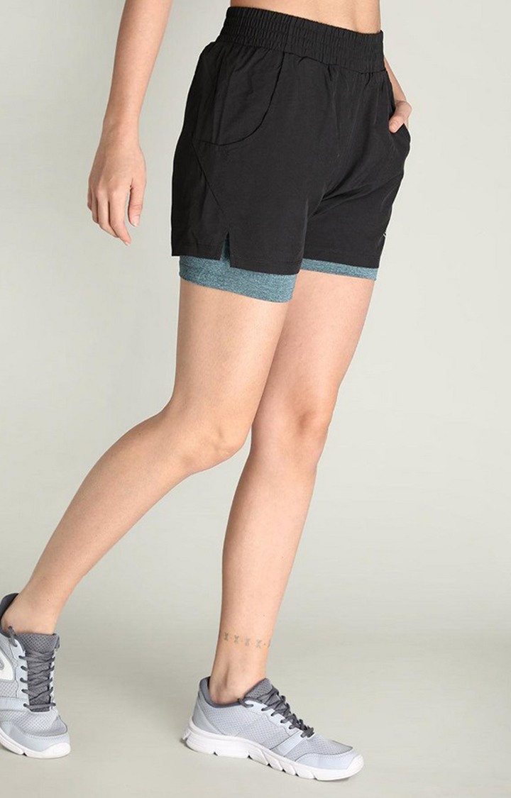 Women's Black & Green Solid Polyester Activewear Shorts
