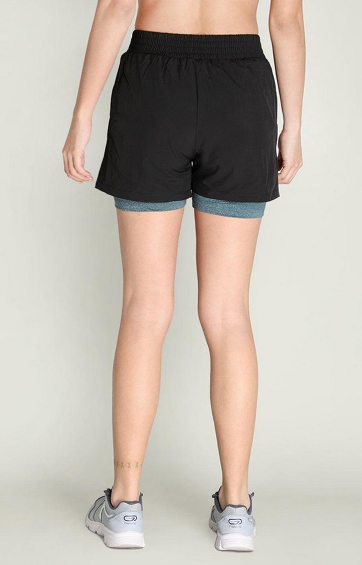Women's Black & Green Solid Polyester Activewear Shorts