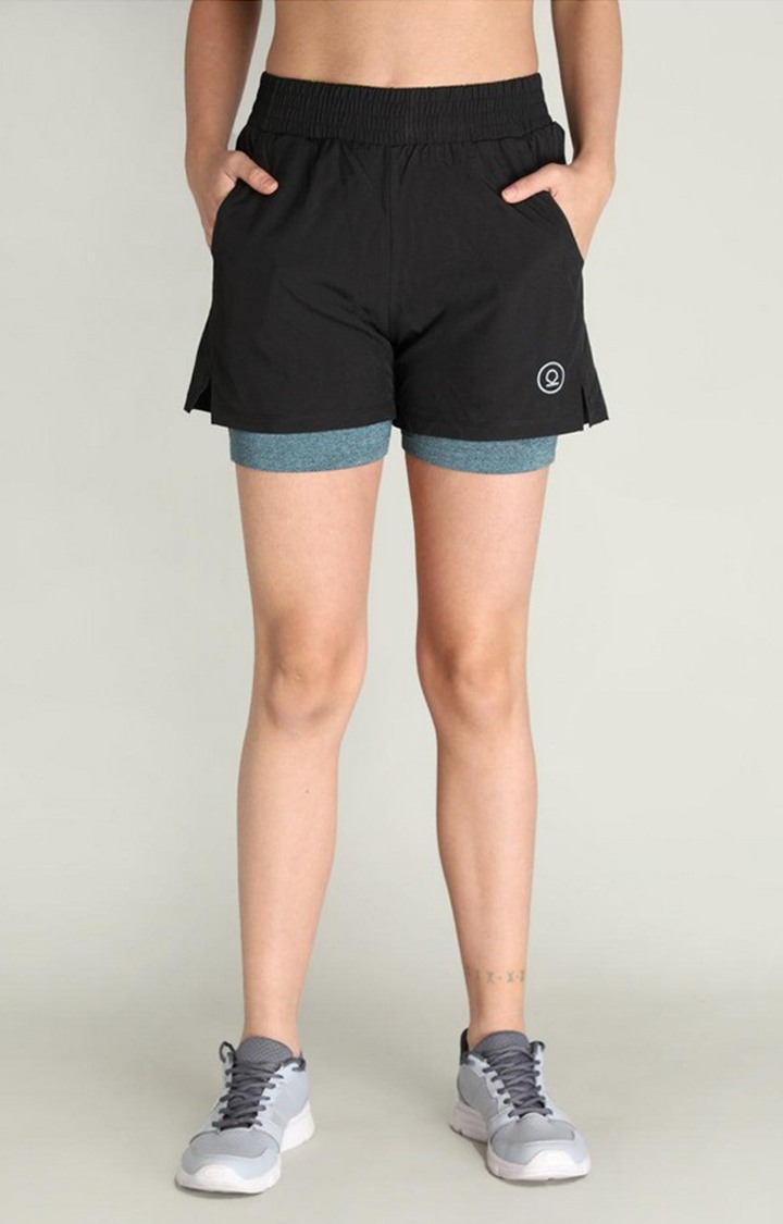 CHKOKKO | Women's Black & Green Solid Polyester Activewear Shorts