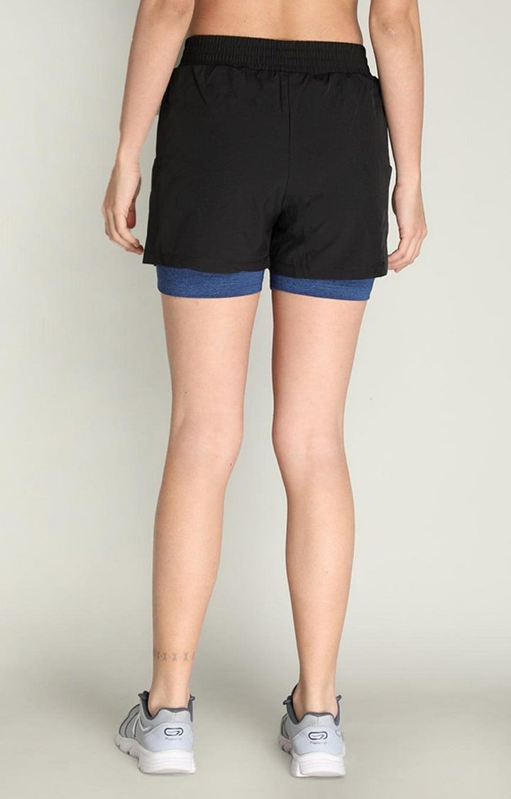 Women's Black & Blue Solid Polyester Activewear Shorts
