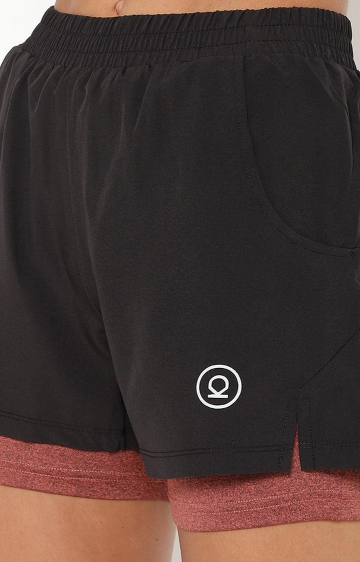 Women's Black & Rust Solid Polyester Activewear Shorts