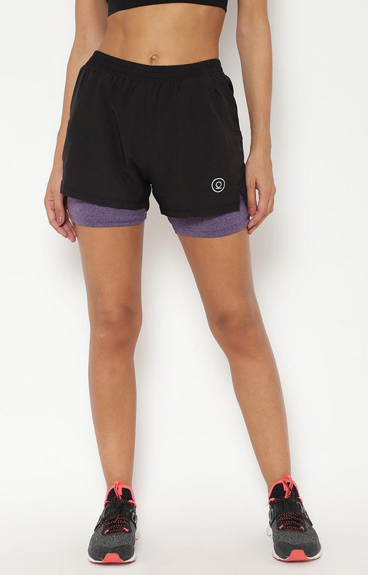 Women's Black & Purple Solid Polyester Activewear Shorts