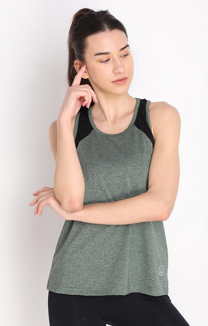 CHKOKKO | Women's Green Melange Textured Polyester Tank Top