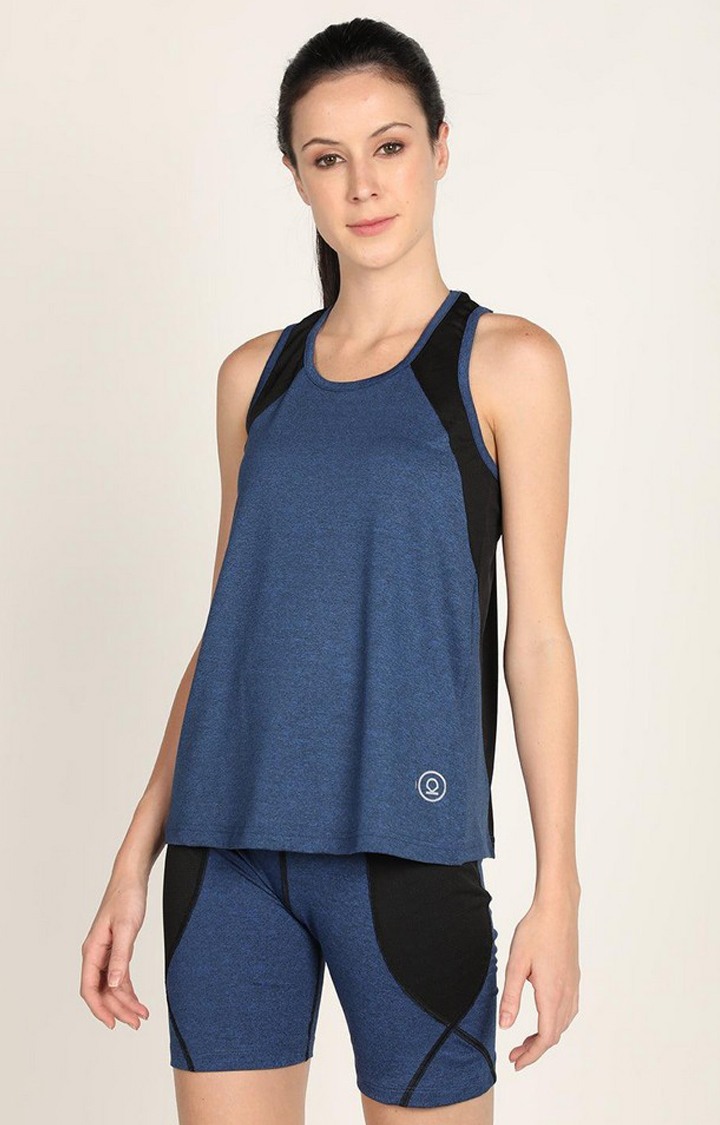 Women's Blue Melange Textured Polyester Tank Top